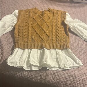 Elan Mustard Cable Knit Cropped Sweater Vest with sleeves and peplum -large